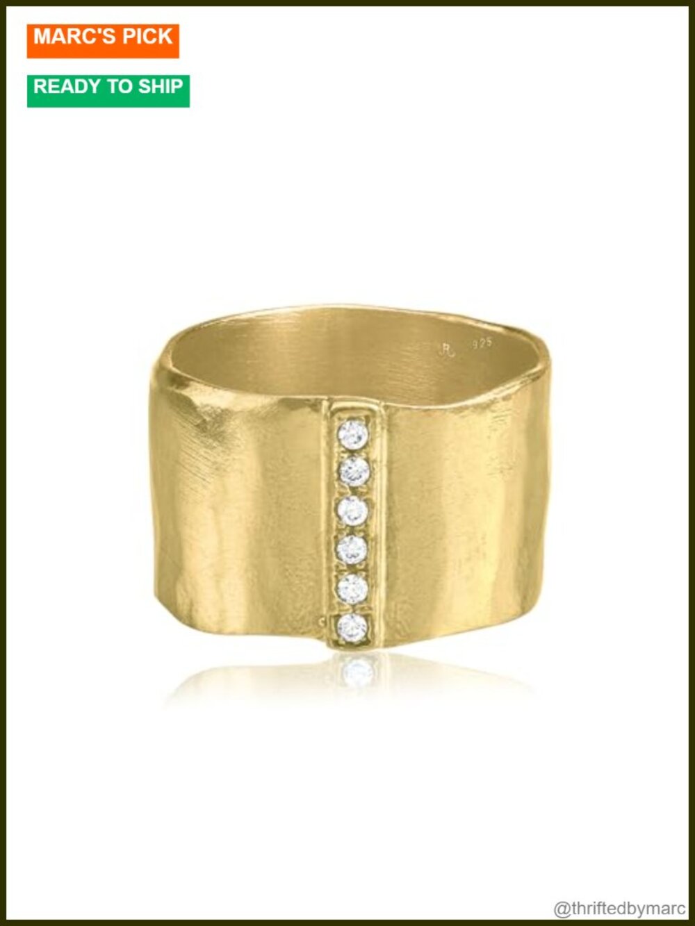 14K Gold Plated Sterling Silver Ring 0.18 TCW Cubic Zirconia Wide Band
